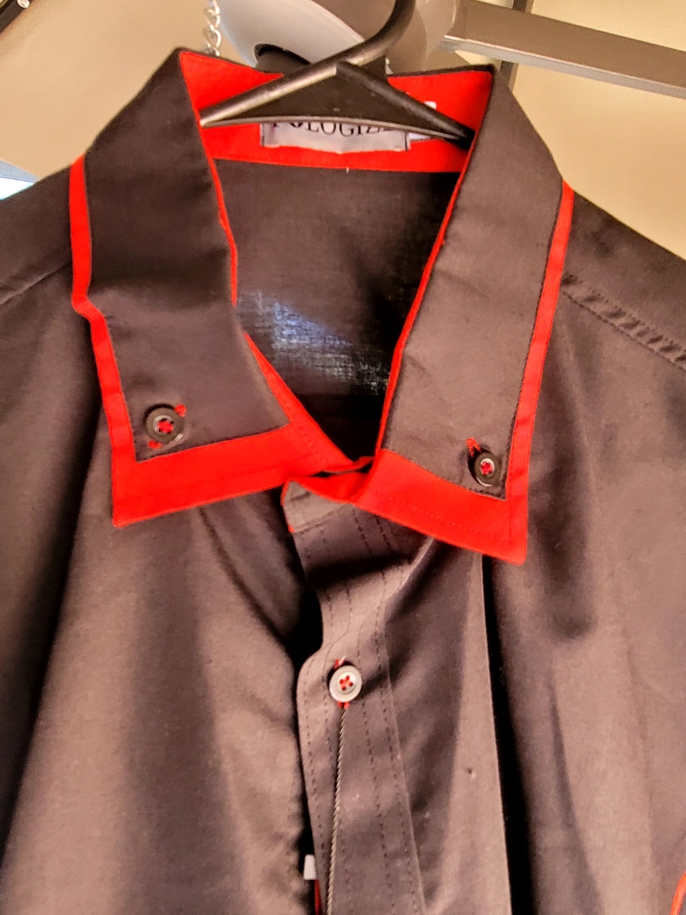 Men's Black Button-Down Shirt with Red Trim Collar